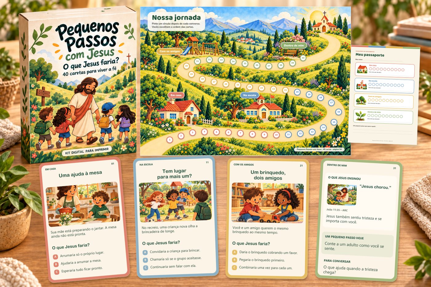 Kit Pequenos Passos com Jesus impresso: caixa, cartas, mapa Nossa jornada e passaporte